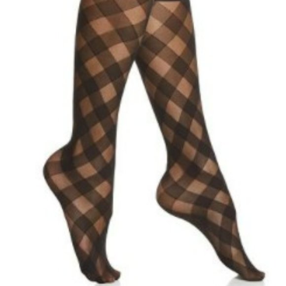 HUE Diagonal Gingham Sheer Fashion Knee Hi Socks Black - Picture 2 of 5